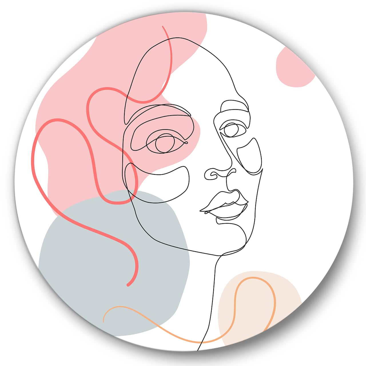Designart - One Line Drawing of Young Woman In Pastel Tones - Modern Metal Circle Wall Art